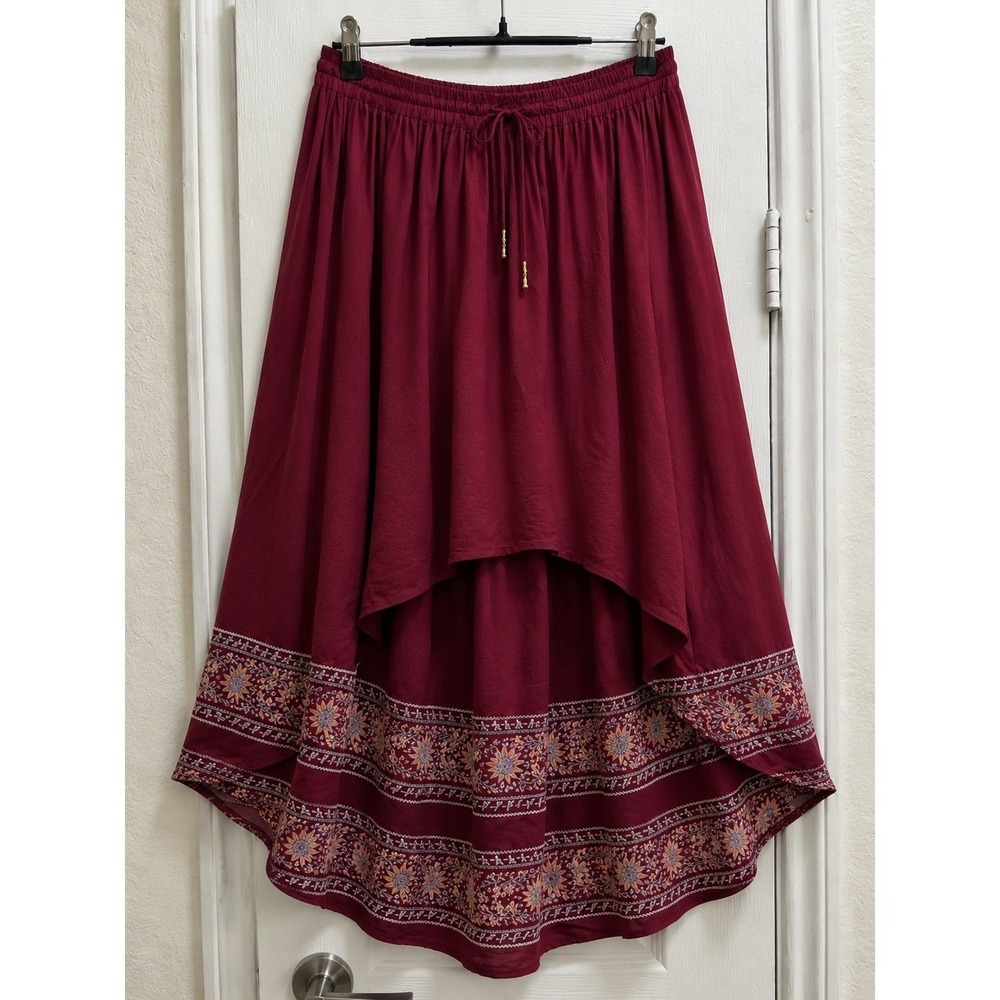 Free People High Low Maxi Skirt Burgundy Floral Border Boho XS